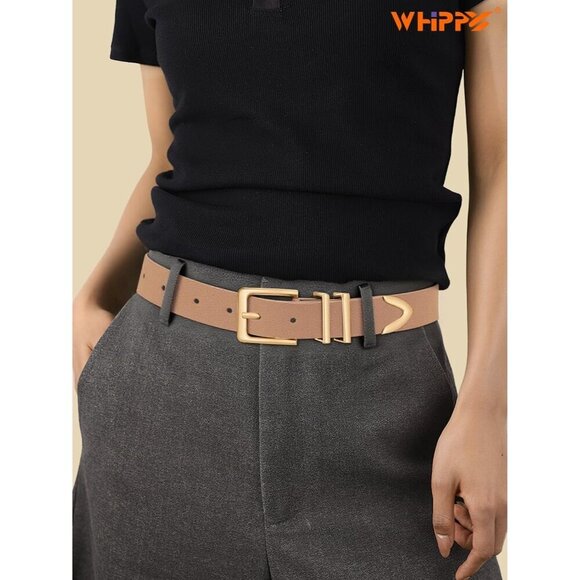 Women Suede Belt Tan Gold Buckle Casual Waist Accessory for Jeans Pants main image 5